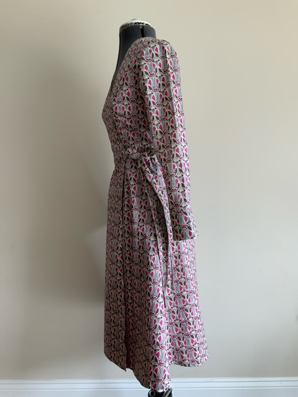 Liberty Print Wrap-Style Long Sleeve Dress in Pink and Cream - Picture 3 of 7
